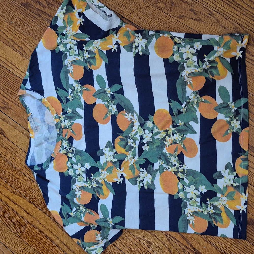 Zara Trafaluc Graphic Orange Citrus Floral Navy & White Striped Tee Small Boxy